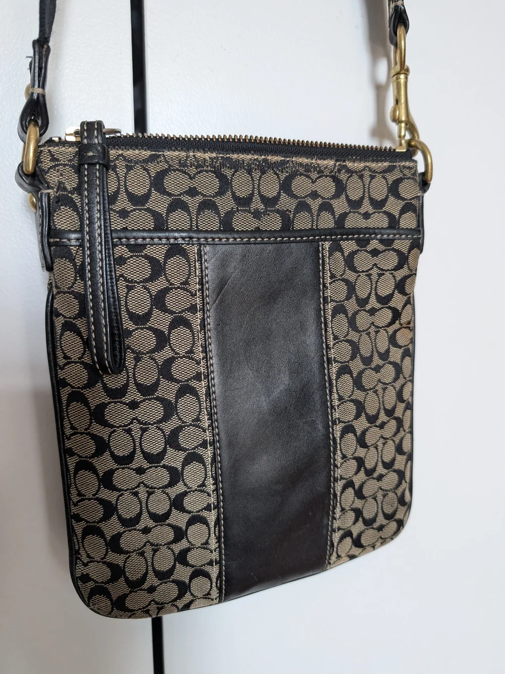 Coach Signature Monogram Crossbody Bag in Canvas and Black Leather Adjustable